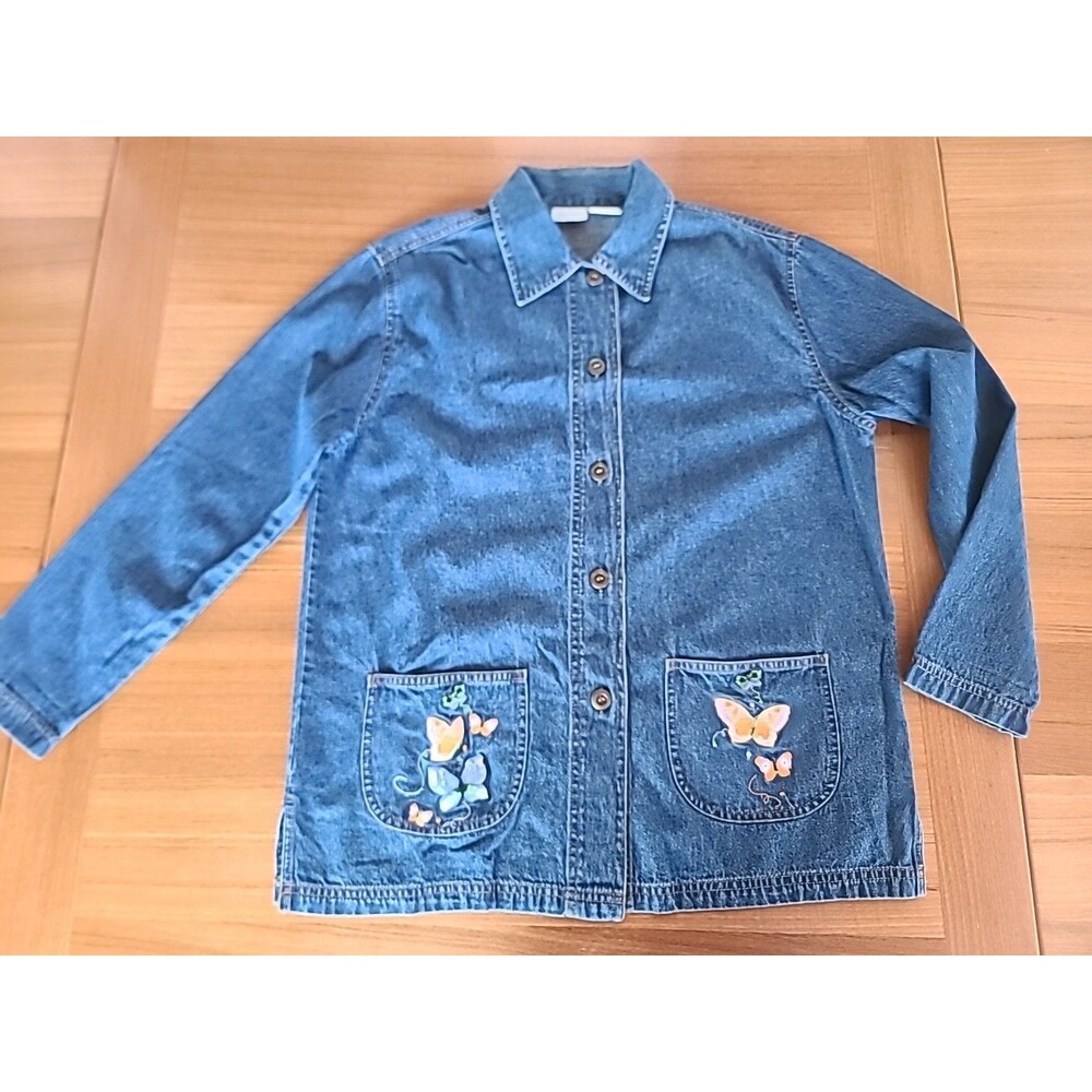 Blair Denim Jean Jacket Embroidered Butterflies Pockets Size Button Up
